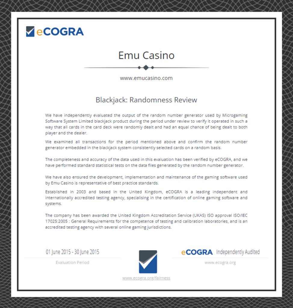 EmuCasino eCorga Certificate