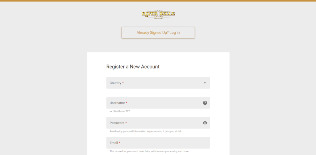 River Belle Casino Registration Page